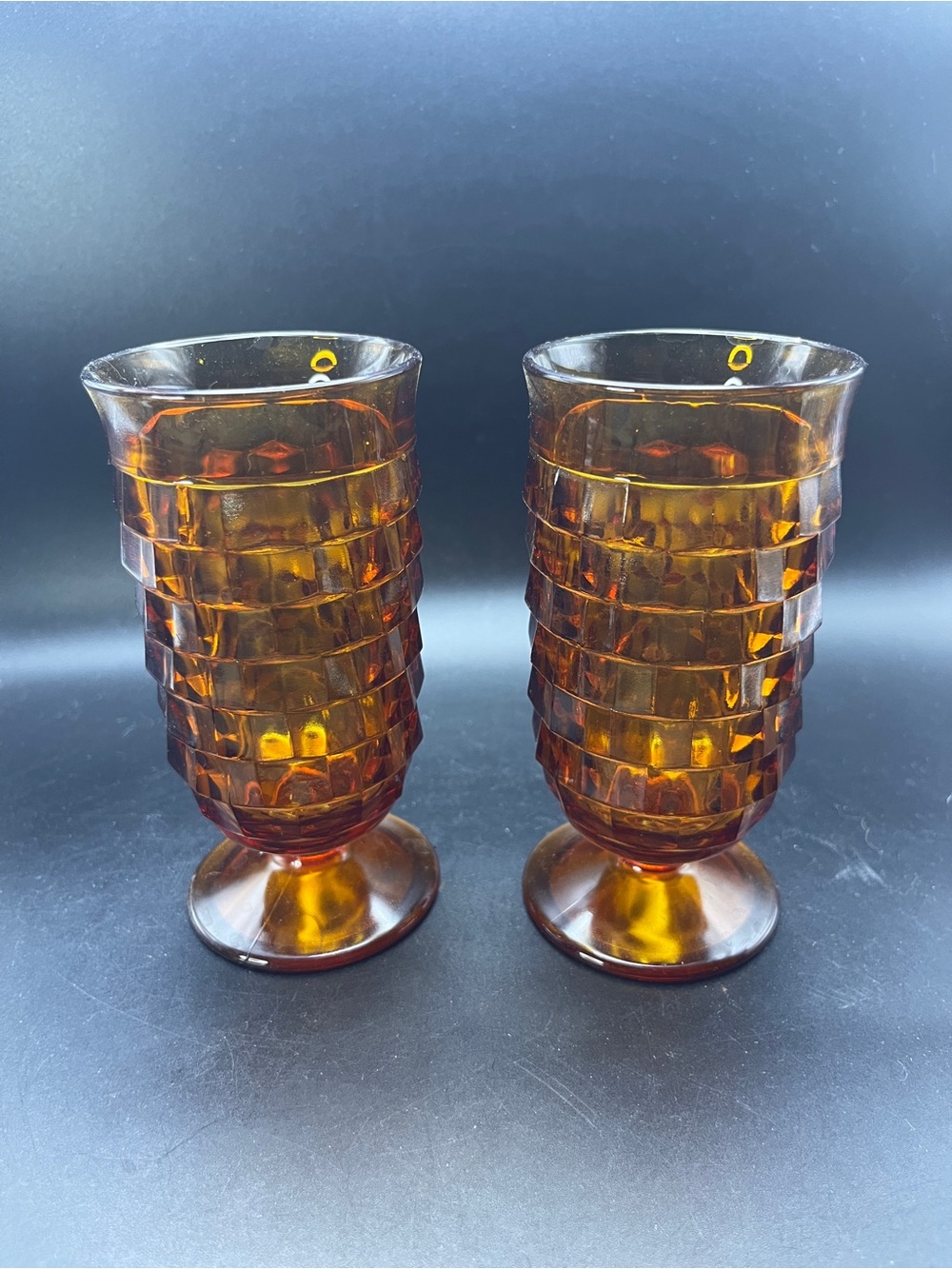 2 Indiana Glass Whitehall Amber Colony Cubist Footed 6" Iced Tea Glasses Goblets